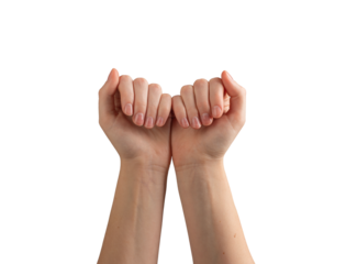 Female hands with glossy, polished nails, gently gesturing and demonstrating self-care and wellness. Symbolizing beauty, health, and perfect manicure. Isolated on white background.