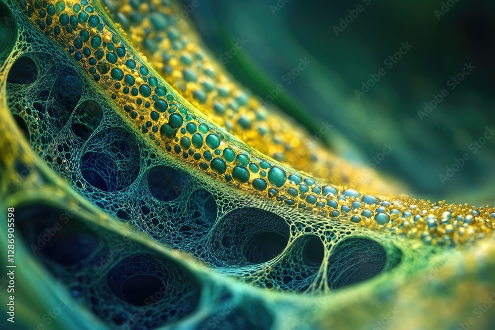 Aufkleber abstract close-up of a vibrant, bioluminescent, web-like structure with golden bubbles.