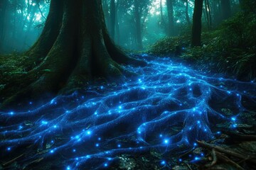 Enchanted forest scene with glowing blue roots and mystical atmosphere.
