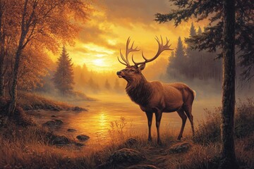 Majestic stag standing by a tranquil lake at sunset with vibrant autumn foliage in the background