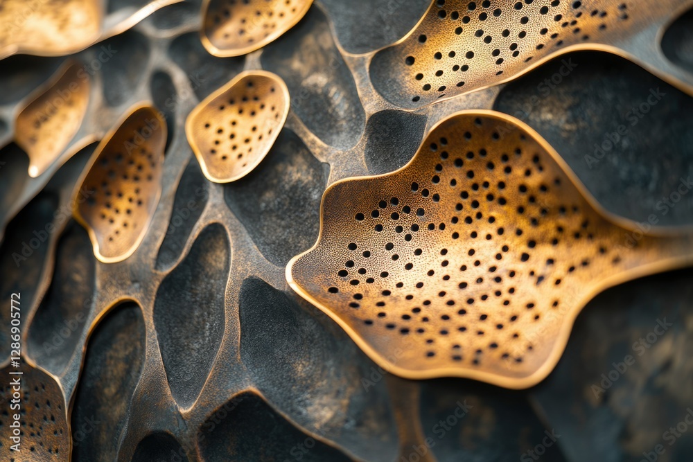 Poster abstract bronze artwork with textured, organic shapes and perforated patterns.