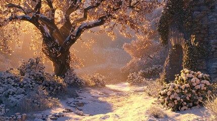 Snowy Path Through Winter Forest with Golden Light and Stone Archway