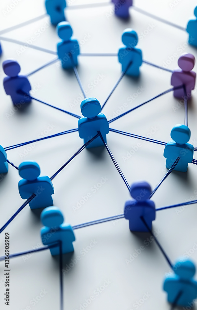 Poster wooden figures connected by blue strings representing social network