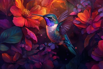 A vibrant hummingbird hovers amidst a profusion of dark, rich flowers, creating a mystical and enchanting scene.