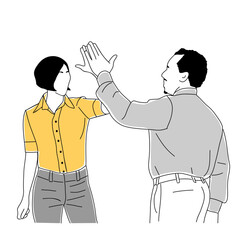 Excited business man and woman giving high five celebrating success. Business team concept. Modern vector simple outline drawing for graphic, web design. Isolated on transparent background.