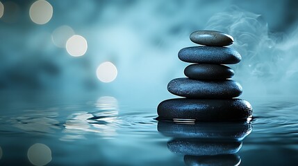 Obraz premium Peaceful Zen Stones Stacked Over Calm Water with Gentle Mist and Bokeh Lights