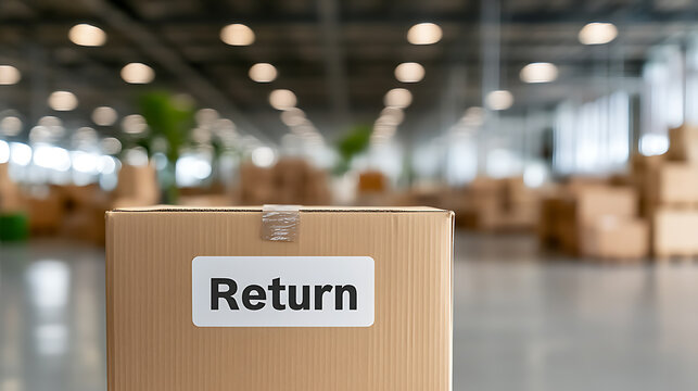 Package return in warehouse. Package with label.  Logistics, stock management, e-commerce returns, product returns, shipping and handling.