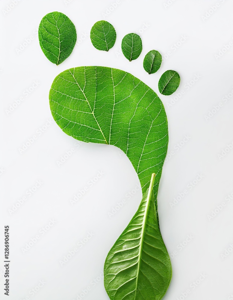 Poster barefoot print created with overlapping green leaves in serene natural setting