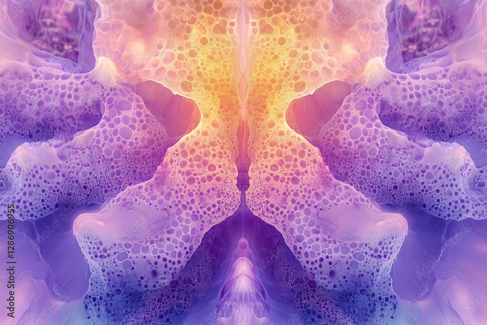 Poster Abstract image of vibrant purple and orange bubbly textures creating a symmetrical, almost ethereal pattern.