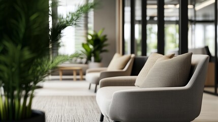 modern office with very comfortable lounge chairs with pillows, greenery, cosy feel
