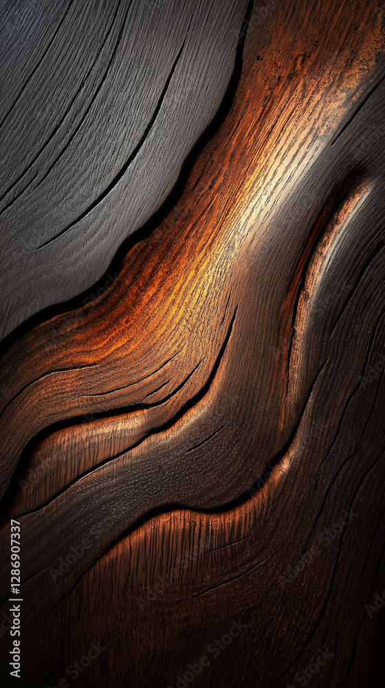 Poster Carved dark wood texture creating wavy shapes and patterns