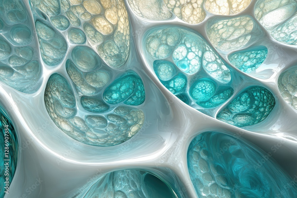 Poster abstract 3d render of interconnected, fluid-like, organic forms with teal and white colors.