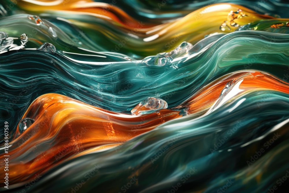 Poster abstract art depicting swirling, flowing waves of teal and amber glass, creating a mesmerizing visua