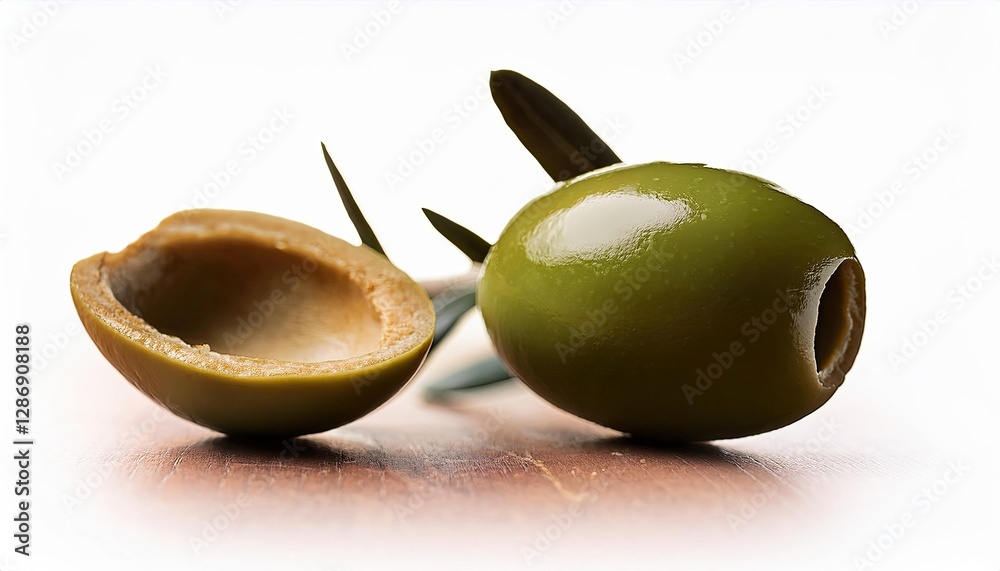 Poster olive pit lying gracefully beside its hollow shell in a soft light