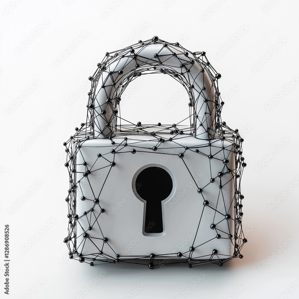 Poster White padlock wrapped in a black mesh network symbolizing digital security