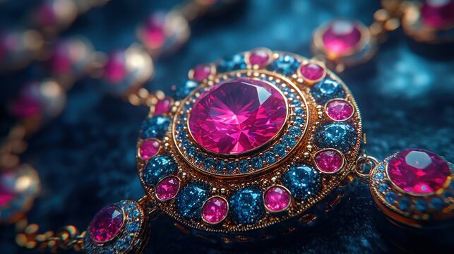 Close-up of ornate antique necklace with rubies and sapphires on dark surface