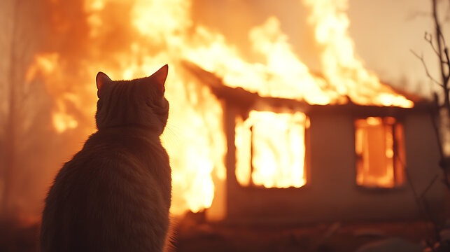 A cat stares intensely as flames engulf a house, creating a surreal and dramatic scene. The silhouette of the cat adds to the intensity of the moment. - Powered by Adobe