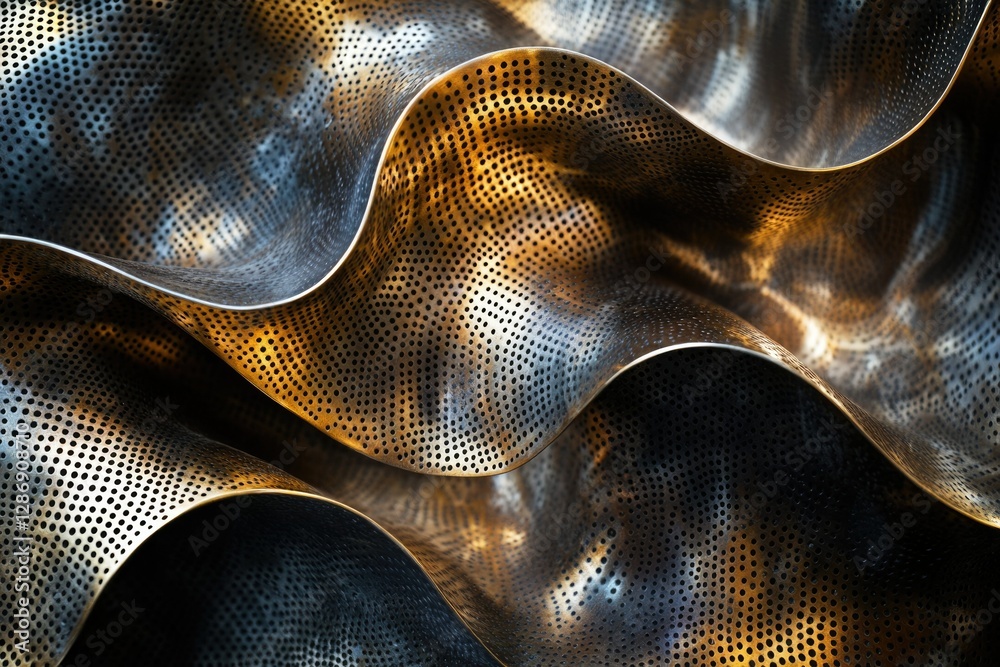 Leinwandbilder abstract image of undulating perforated metal sheet with a dark and golden color scheme.