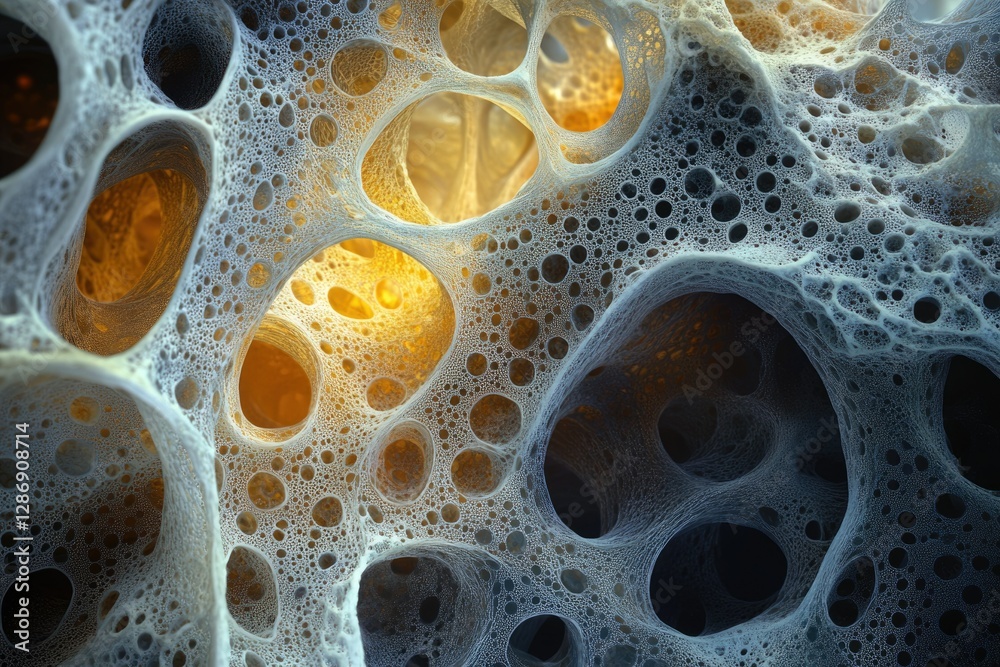 Poster Abstract 3D render of a porous, cavernous structure with interconnected cavities and glowing amber highlights.