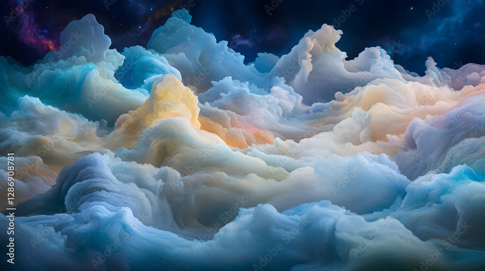 Wall mural artistic rendering of a colorful cloud filled with water stars and abstract elements in a surreal co