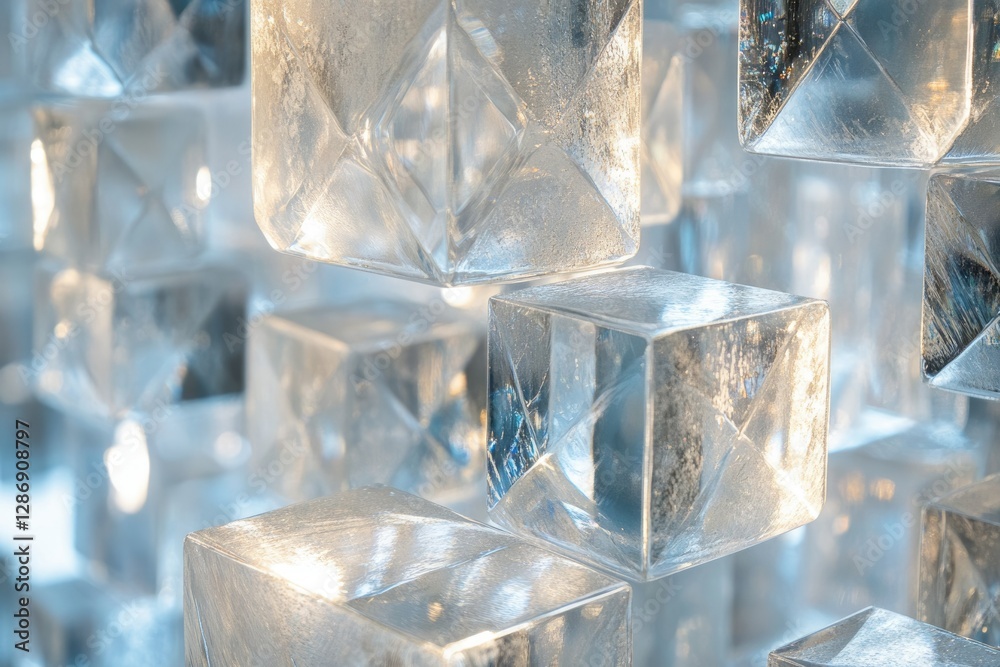 Poster a mesmerizing cluster of translucent, faceted cubes, possibly glass or ice, creating a captivating v