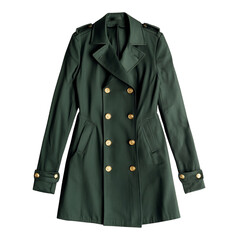 Green Trench Coat with Gold Buttons Isolated on Transparent Background