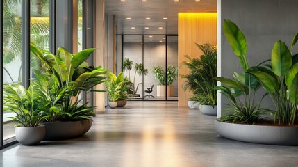 Fototapeta premium A contemporary office design with large planters of tropical plants lining the walkway, adding a natural aesthetic