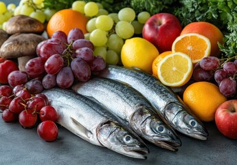 Fresh Seafood with Colorful Fruits and Vegetables on a Gray Background, Showcasing Healthy Eating and Culinary Preparation Concepts