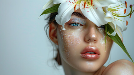 A mesmerizing portrait of beauty, where dewy skin and a white lily create an ethereal look