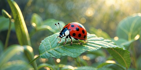 Fototapeta premium Ladybug on green leaf