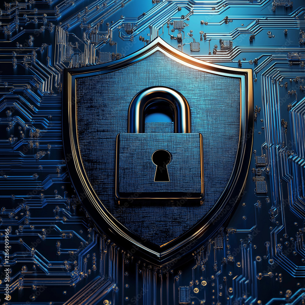 Fototapete Closed padlock on shield protecting electronic circuit board symbolizing data security