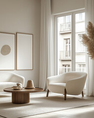 Modern minimalist interior design with white armchairs and wooden coffee table