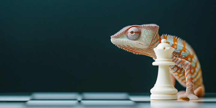 A chameleon contemplates its next move in a game of chess, with a queen piece, symbolizing strategy, adaptability, and the art of outmaneuvering opponents.