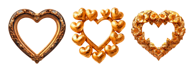 Set of golden heart frame isolated on transparent background