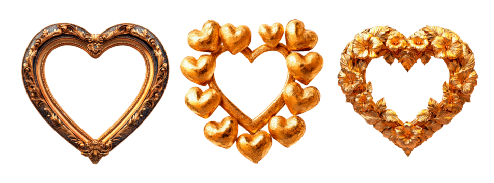 Set of golden heart frame isolated on transparent background