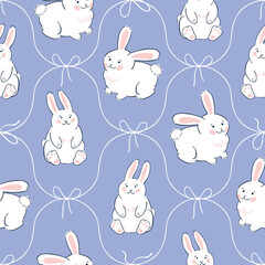 Obraz premium Vector seamless pattern with funny hares in vintage style. White cute rabbits on light purple damask background.Easter bunnies.Stylish animal fabric design. Funny print for kids wallpaper,fabric