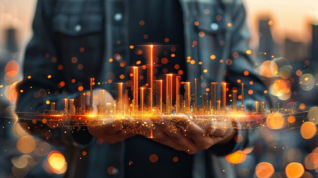 Businessman showcases data driven tech insights with modern graphs for strategic decision making