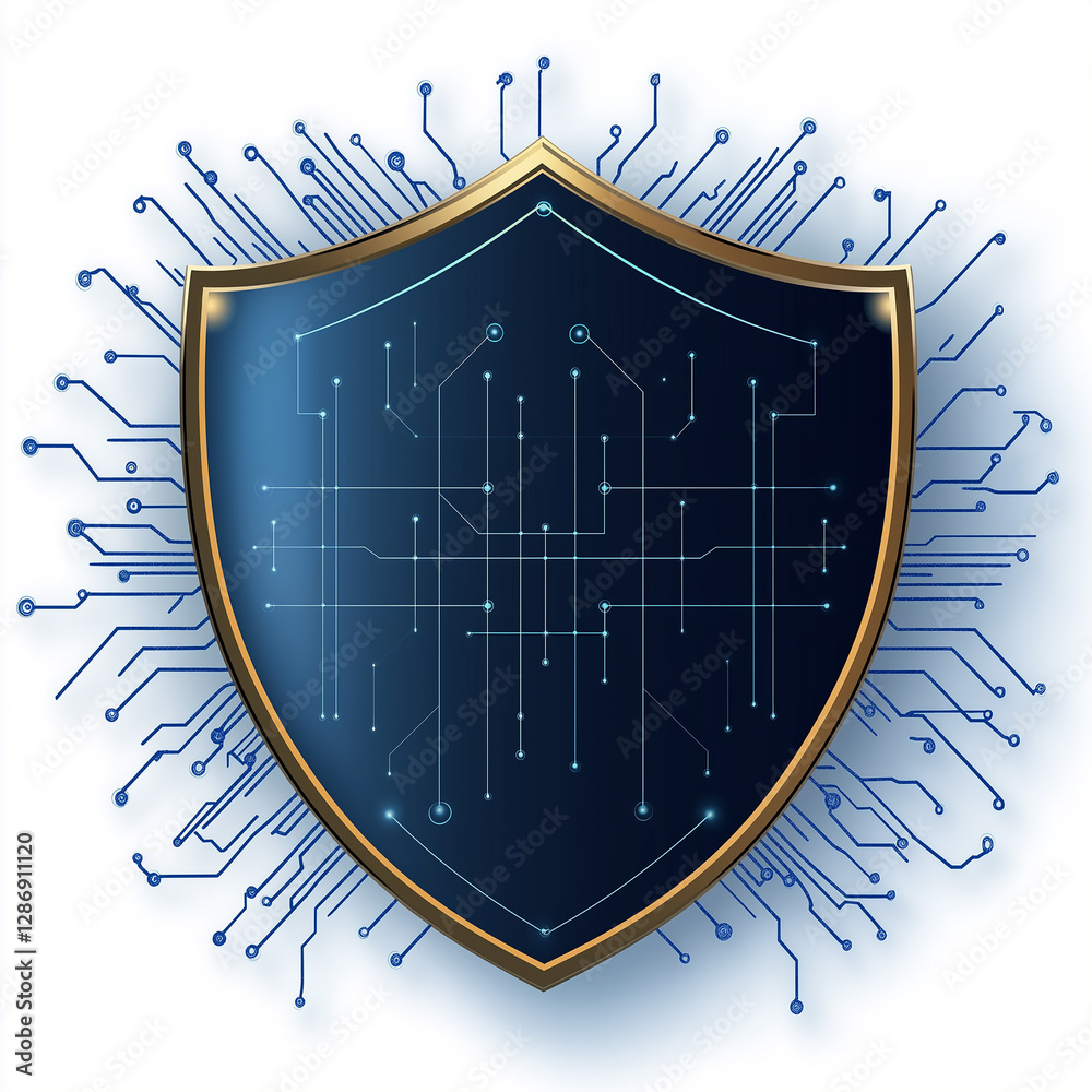 Poster Golden shield protecting digital data with circuit board pattern