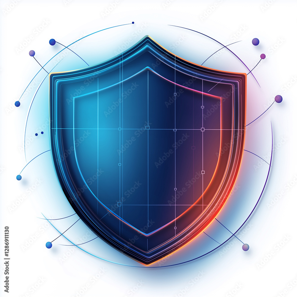 Poster Glowing shield protecting digital data and information on white background