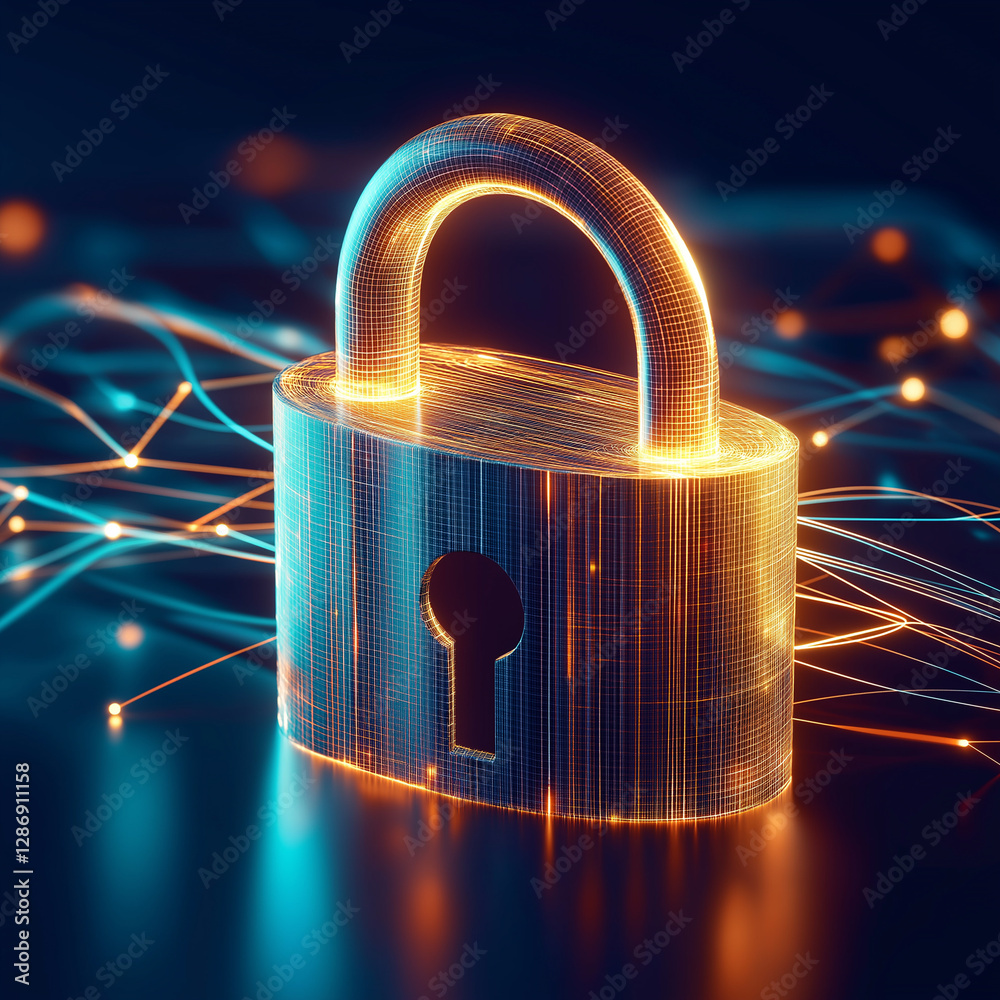 Poster glowing padlock protecting network connections in cyberspace