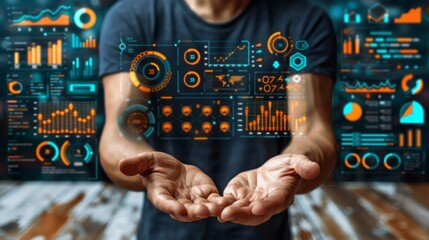 Businessman showcases data driven insights with modern digital graphs for strategic decision making