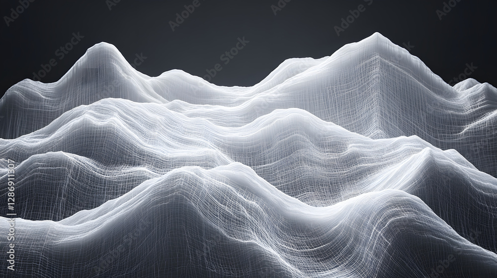 Poster computer screen displaying an abstract pattern of white lines on a dark background in a digital art 
