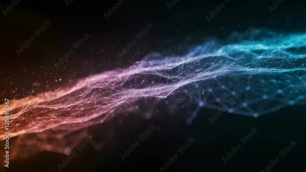 Poster Abstract network visualization. Colorful digital waves with connected dots. Futuristic technology concept. Data flow and connectivity. Modern communication background for tech presentations