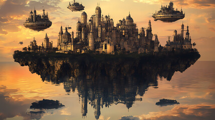Naklejka premium A majestic steampunk city with airships at sunset and floating islands. Steampunk Sky Fortress. Illustration