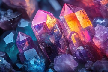 Vibrant cluster of amethyst, quartz, and other crystals showcasing iridescent colors and sharp formations.