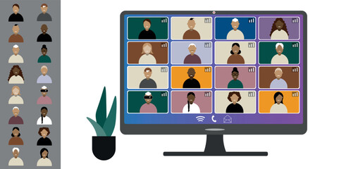 Video call conference, working from home. Colleagues of different nationalities and ages talk to each other on computer screen. Isolated illustration on white background in flat style trendy colors