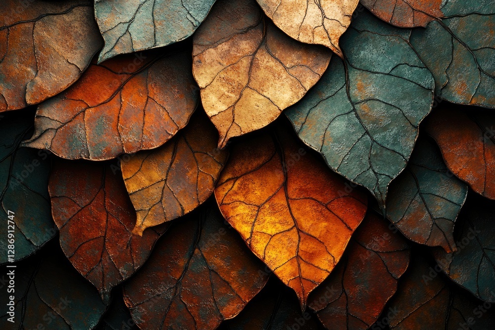Poster intricate, metallic-looking autumn leaves arranged in an overlapping pattern, showcasing rich earthy