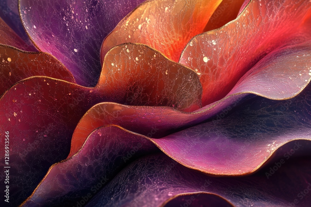 Poster abstract close-up of vibrant, wavy fabric with metallic accents; rich color gradient.