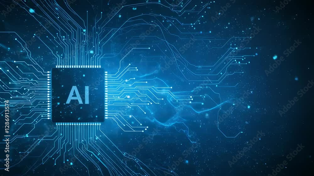 Poster Futuristic artificial intelligence chip. Abstract blue digital background with circuit board patterns. High-tech concept. Machine learning and neural networks. Innovation in computer technology
