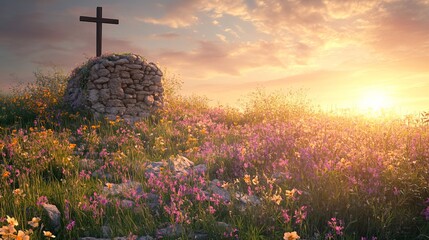 Fototapeta premium Empty Stone Tomb, Shroud, and Crucifix: A Powerful Symbol of Faith, Hope, and Resurrection. Perfect for Easter, Lent, religious art, and spiritual 